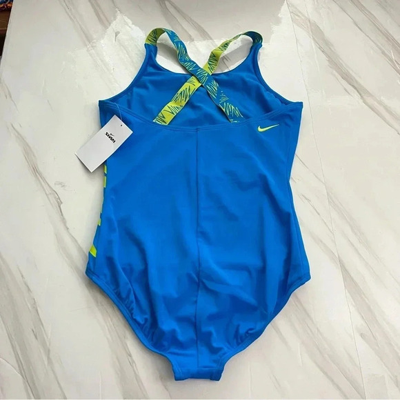 Nike One Piece Swimsuit Big Kids Size Large Blue Lined Wide Straps - Picture 2 of 8